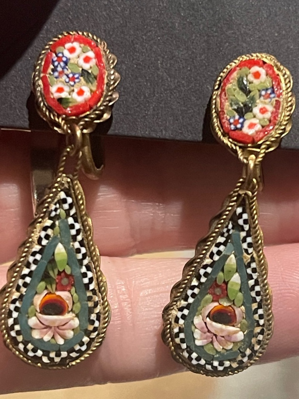 Vintage Italian Micro Mosaic Teardrop Drop Dangle Earrings Gold Tone Clip On